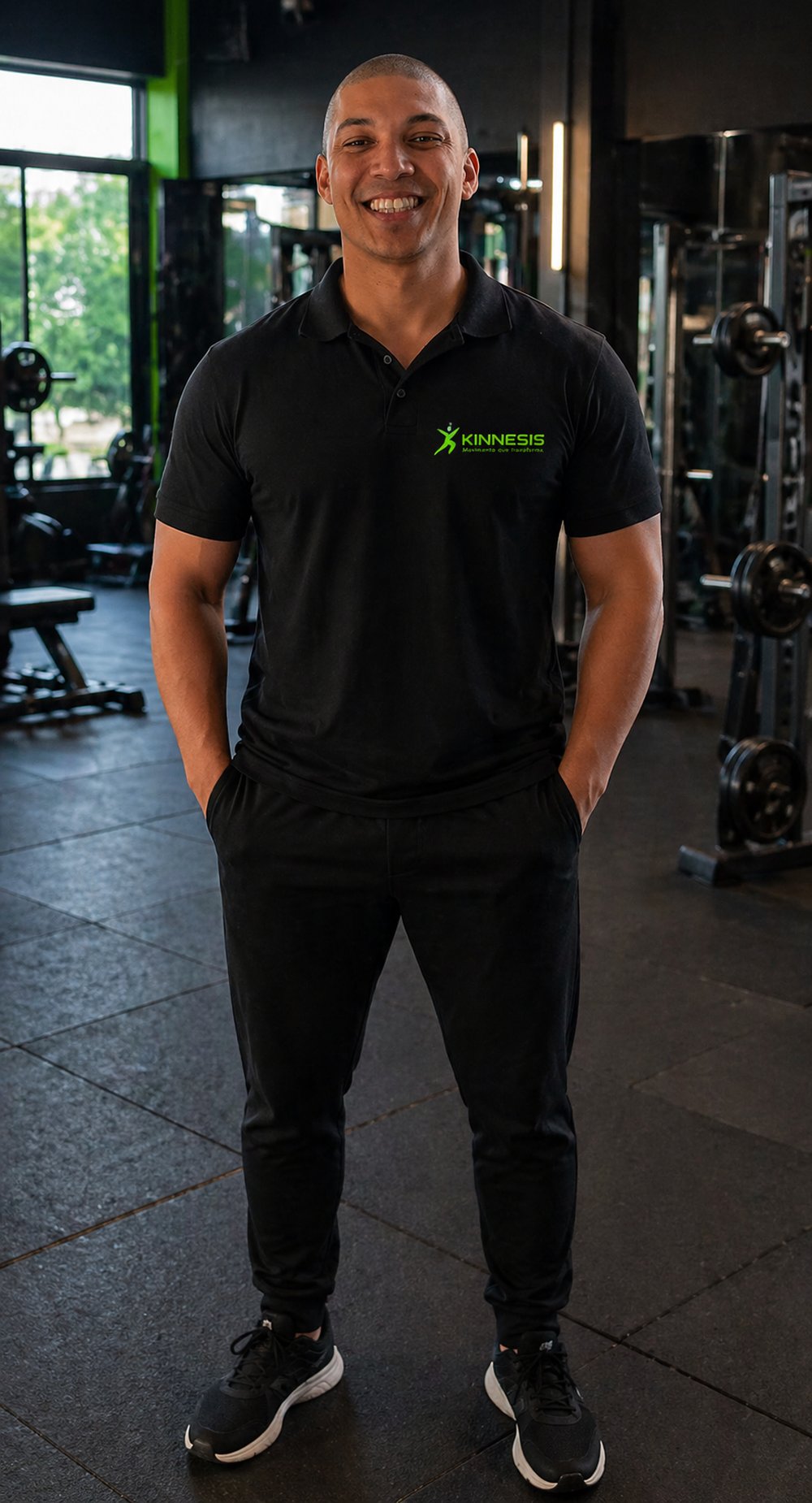 David Santos, personal trainer da KINNESIS, sorrindo dentro da academia